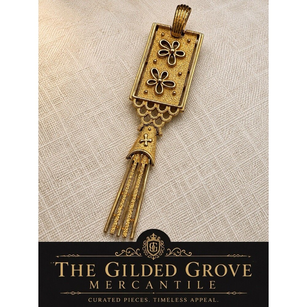 Vintage Trifari Gold Tone Pendant Modernist Floral Tassel Necklace Charm 4”